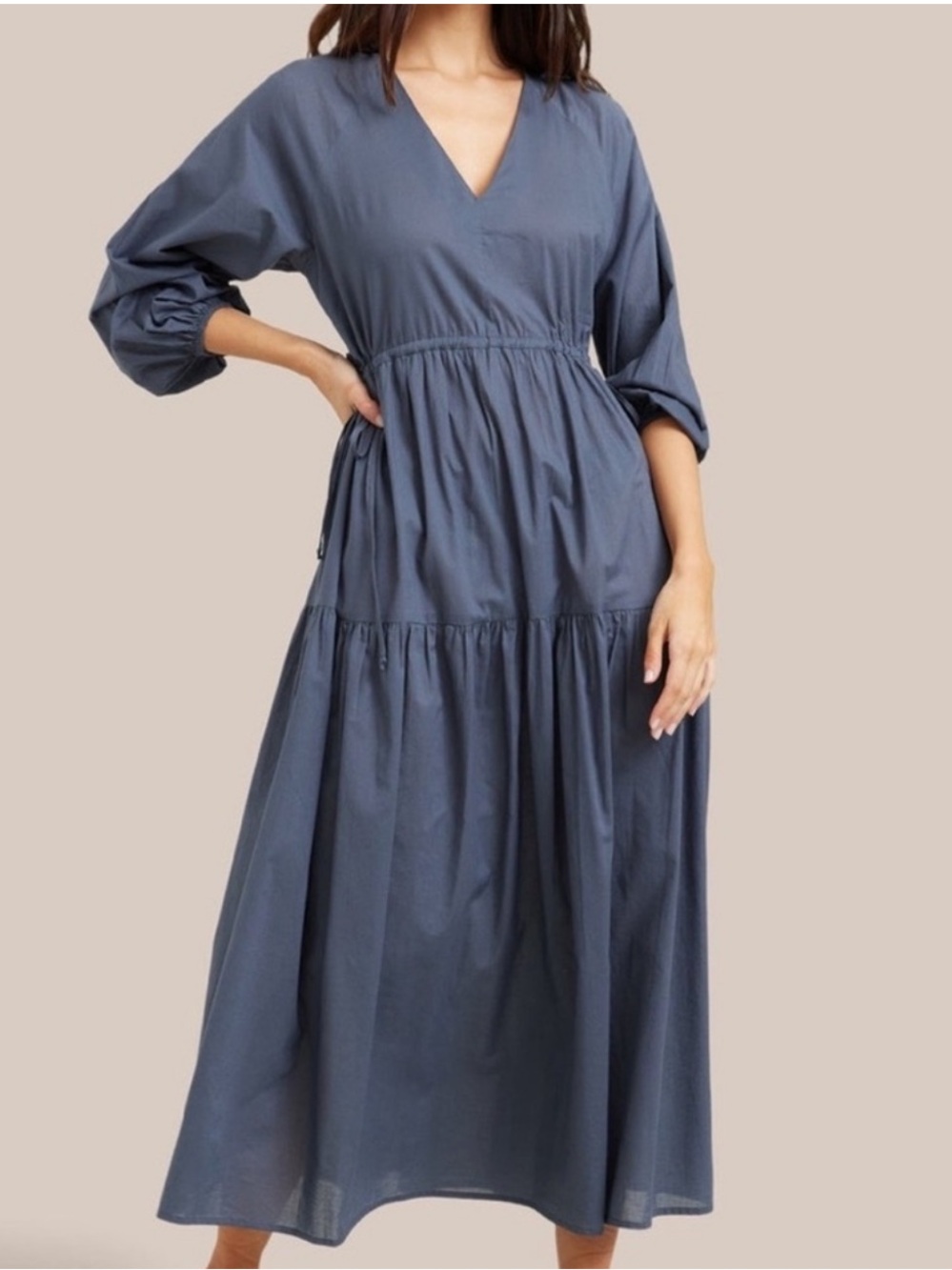 MODERN CITIZEN Navy Lagenlook Lyra Organic Cotton Tiered Maxi Dress Size Medium